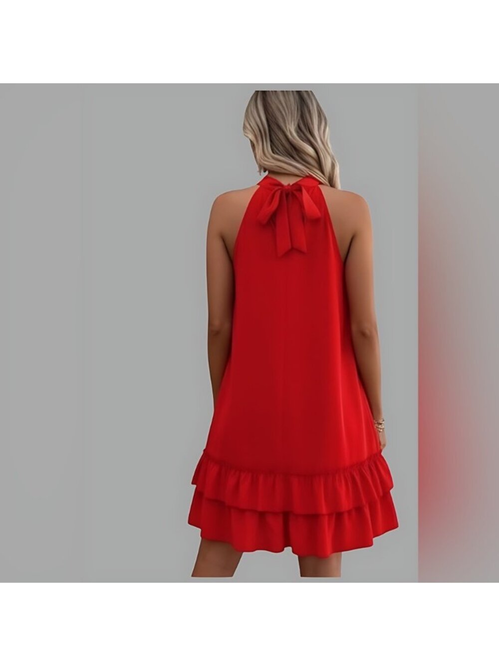 Red Layered Hem Halter Neck Dress - Picture 4 of 9